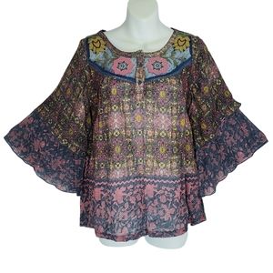 Anthropologie Postmark Boho Tiered Sleeve Floral Embroidered Top Blue Pink XS